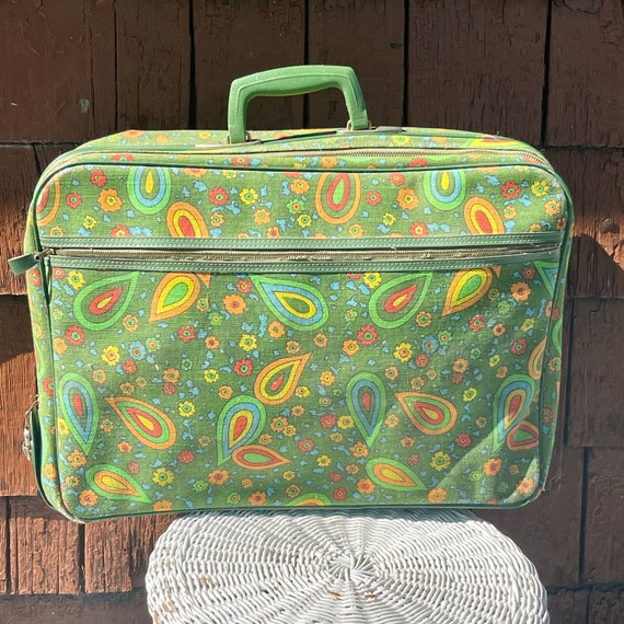 Vintage 60s Suitcase. Mod Suitcase. Green Paisley Suitcase. Hippie Suitcase. 70s Hippie Suitcase. Mod 70s Weekender Suticase. Overnighter.