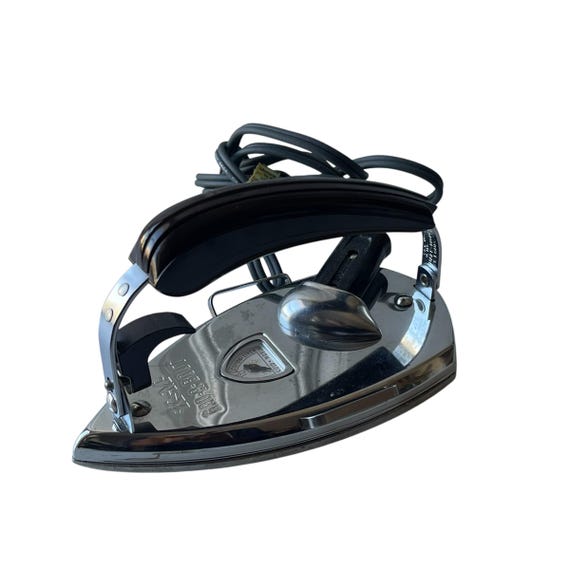Vintage KM Gad-a-bout Black and Silver Travel Iron. Folding Handle Electric Steaming Iron. Electric Appliance. 80s. 90s. 1980s. 1990s.