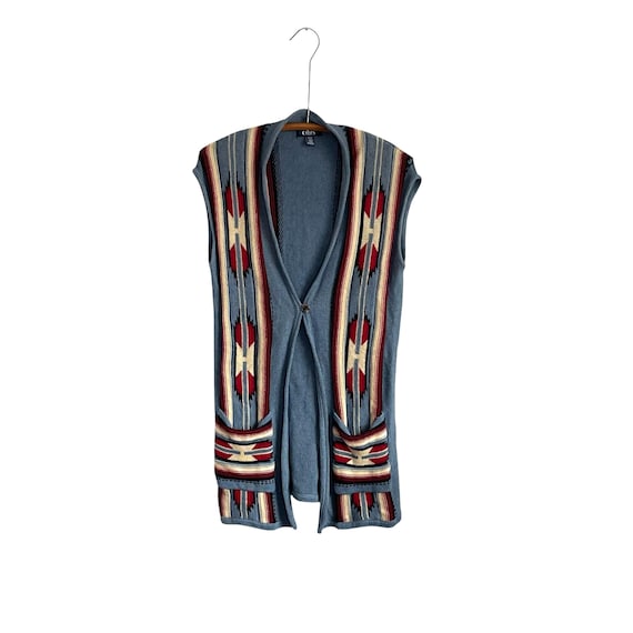 Vintage Chaps Southwestern Knitted Sleeveless Cardigan. Multicolor Cowboy/Cowgirl Cardigan Vest. V-Neck. Festival. Grandma. 90s. Y2K.