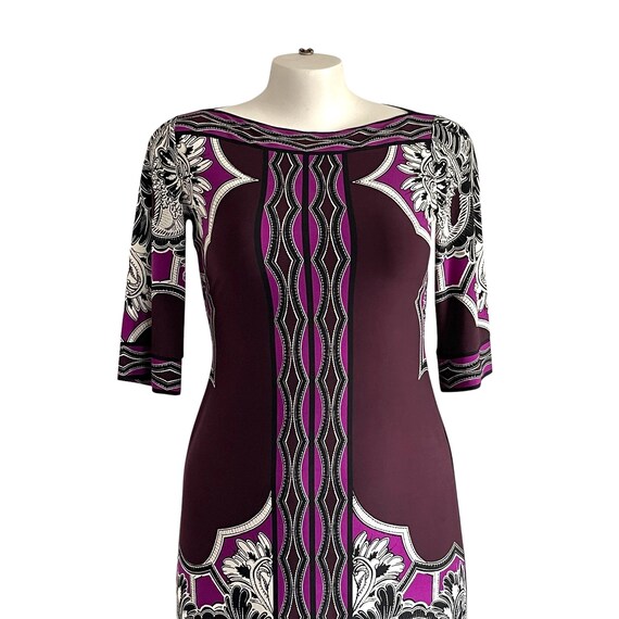 Vintage Donna Morgan Sheath Baroque Bodycon Mini Dress. 3/4 Sleeves Bodycon Dress. Womens Business Casual Bandage Dress. Purple Mod Dress.