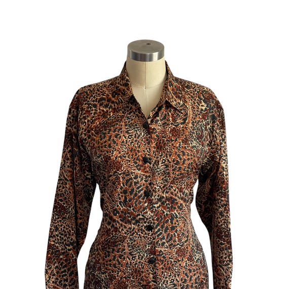 Vintage Prianixa's Collection Multicolor Leopard Print Button-Up Shirt. Dark Animal Print Button-Up Blouse. Long Sleeves. Party. 90s. 1990s.