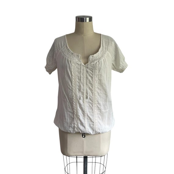Vintage Eddie Bauer Ivory Cream Cottage Blouse. Ivory Boho Hippie Short-Sleeved Blouse. Cottagecore. Prairiecore. 90s. Y2K. 1990s. 2000s.