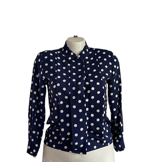 Vintage Polka Dots Blouse: Navy Blue, White Dots, Pleated Button Cover, NWT, L XL, Womens Business Casual, Womens Casual, 80s 90s 00s Blouse