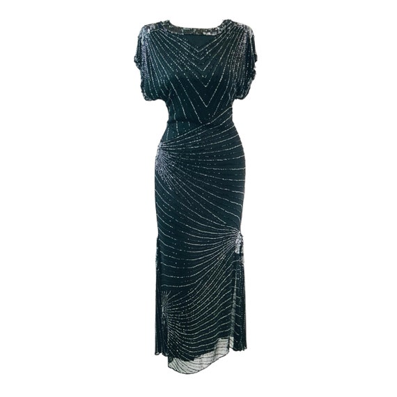 Retro 20s 30s Gatsby Black Sequin Beaded Party Dress. Deco Silk Dress. Padded Shoulders. 80s. 90s. Y2K. Scala Dress. Laurence Kazar Dress.