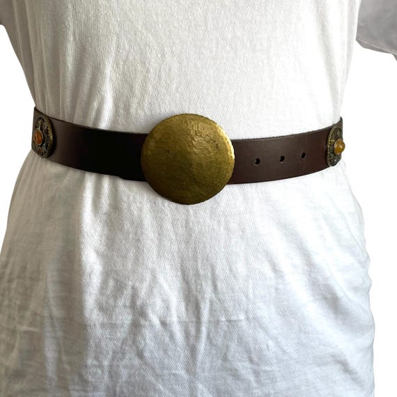 Vintage Perry Ellis Dark Brown Gold Bejeweled Belt. Hippie Jewel Belt. Dark Brown Leather. Goldtone Buckle. Resin Jewelry. 80s. 90s. 2000s.