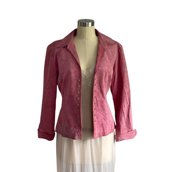 Vintage Aria Pink Suede Leather Floral Jacket. Pink Embossed Leather Jacket. Floral Paisley Patterns. Barbiecore. Boho Hippie. 90s. 00s Y2K.