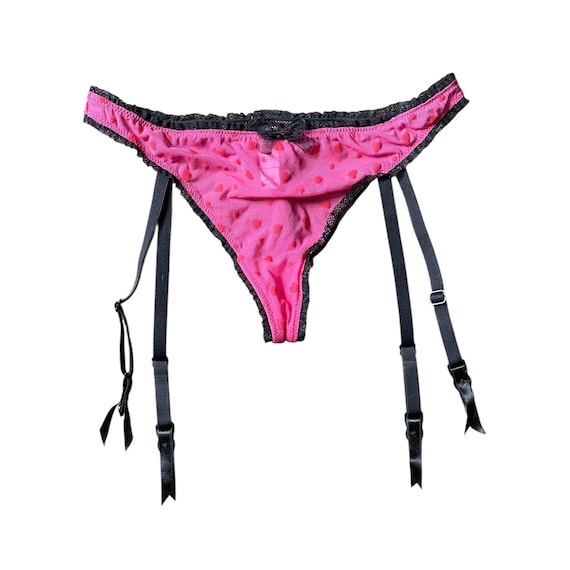 Vintage Victoria's Secret Hot Pink and Black Garter Thong. Two-Color Heart Panties. Lace Undies. Garter Belts. Y2K. 2000s. 00s. XS. S.