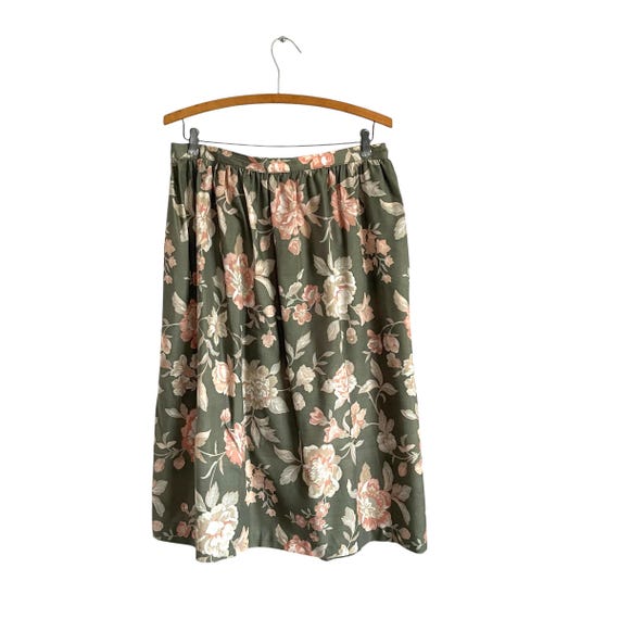 Vintage Spring Peach Floral Midi Skirt. Sage Green Pink Flower Midi Skirt. Flower Print. Cottagecore Skirt. 70s. 80s. 90s. Alfred Dunner.