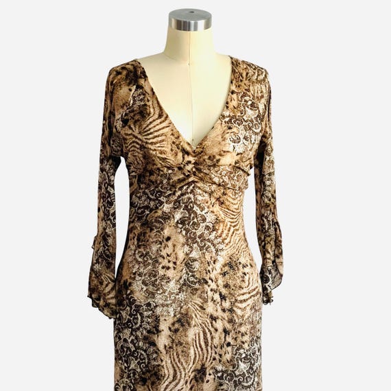 Vintage 90s Ruby Leopard Dress. V-Neck Leopard Dress. 00s Y2K Dress. Flare Split Sleeves Dress. Ruched Bust Animal Print Dress. 90s 00s Y2K.