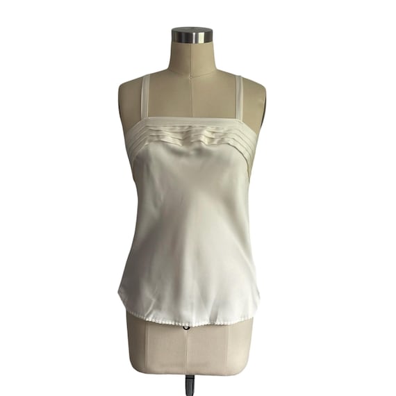 Vintage Deena Ivory Cream Slip Tank Top. Retro Ivory Polyester Tank Top. Pleated Neckline. 70s. 80s. 90s.