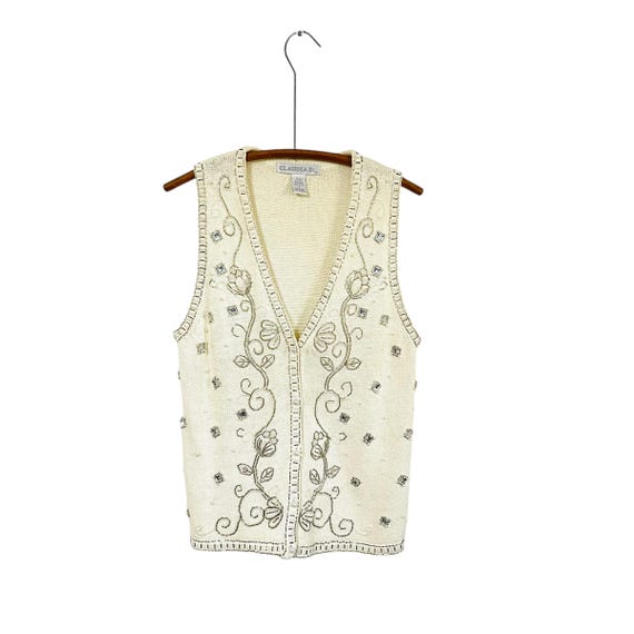 Vintage Claudia D. Beaded Sequin Cardigan Vest. Cream White Knit Sparkly Vest. 80s 90s Ivory Knit Vest. Embellished Beaded Vest Top.