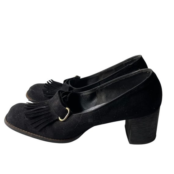 Vintage Mod Black Shoes. Mod Business Casual Heels Shoes. Fringe Buckle Heel Shoes. Vintage 60s 70s Dress Shoes. Mod Hippie Academia Heels.