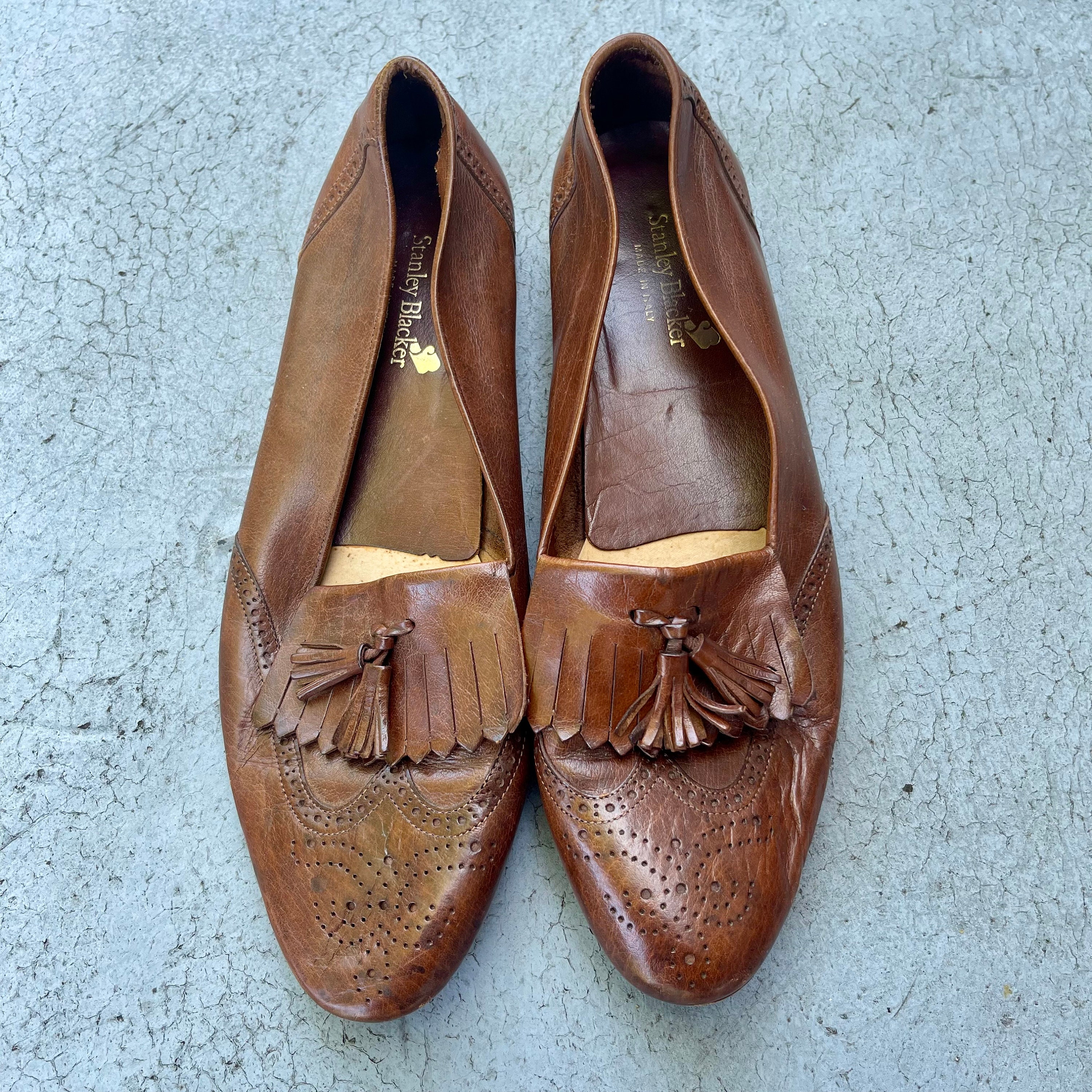Stanley Blacker Italian Brown Woven Leather Loafers-size 11.5 Stanley Blacker Mens 10.5 Wide Loafers Brown Leather Tassels  main image 2