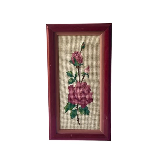 Vintage Pink Rose Needlepoint Rectangle Wall Art. Crochet Pink Flower Hanging Art. Blooming Flowers. Spring. Cottagecore. 50s. 60s. 70s.