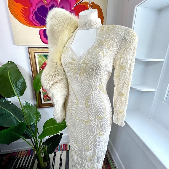 Vintage Deco Silk Beaded Dress. Ivory Beaded Silk… - image 2