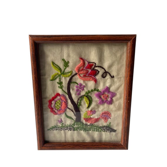 Vintage Floral Crewel Embroidery Wall Art. Framed Colorful Flowers and Bird Needlepoint Art. Spring. Cottagecore. Fairycore. 60s. 70s.