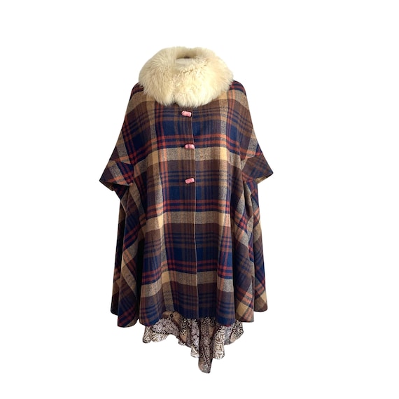 Vintage Plaid Wool Cape Poncho with Fur Collar
