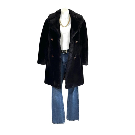 Vintage 60s Mod Black Faux Fur Peacoat, Double Button Midi Coat