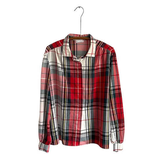 Vintage Red White Plaid Button-Down Shirt. 70s 80s Cotton Plaid Shirt. Hidden Buttons. Farmer. Cottagecore Farm Plaid Top. Laura Mae Shirt.