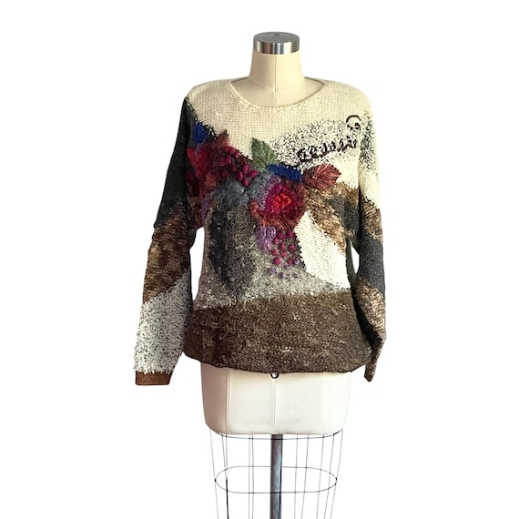 Vintage Mariea Kim Crochet Floral Sweater - Cottagecore Boho Pullover