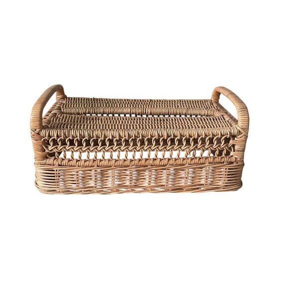 Vintage Wicker Woven Tissue Box with Handles: Boho Cottagecore Decor
