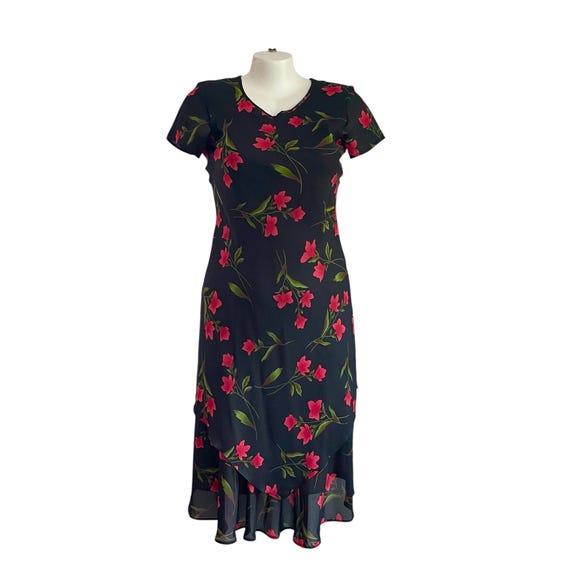 Vintage Red Floral Midi Dress: Sheer Hem, Whimsigoth Y2K