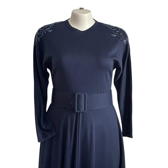 Vintage Liz Claiborne Navy Belted Dress. Dark Blue Knit Midi Dress. Embellished Beaded Shoulders. Plus Size Midi Dress. Academia. 80s. 90s.