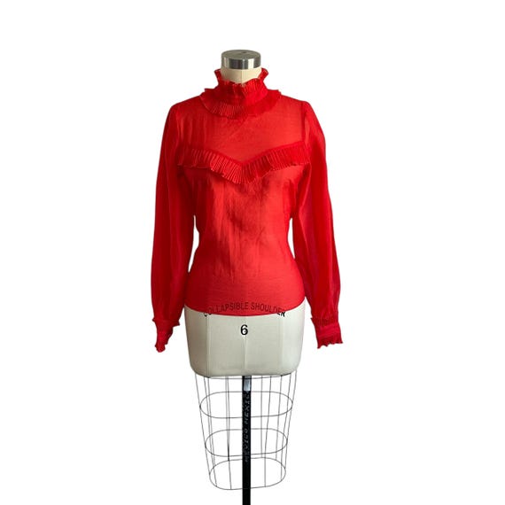 Vintage H&M Red Ruffle Blouse. Red Mock Neck Long-Sleeved Victorian Top. Ruffled Mock Neckline. Ruffled Cuff Sleeves. Y2K. 2000s. 00s.