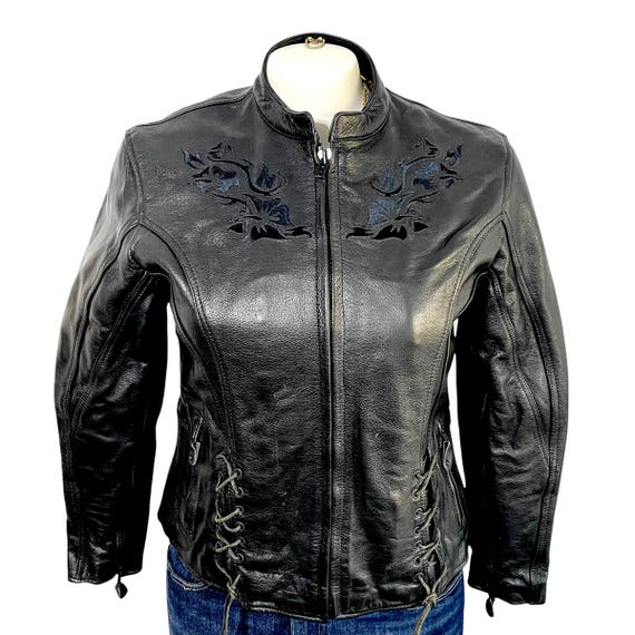 Vintage Black Leather Moto Jacket, Embroidered Floral Biker Jacket