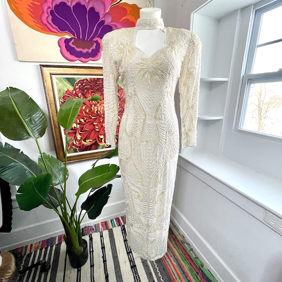 Vintage Deco Silk Beaded Dress. Ivory Beaded Silk… - image 5