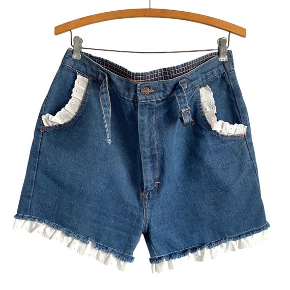 Vintage 80s K-Mart Blue White Denim Fringe Shorts. Blue Jean High Waisted Shorts. Cottage Core Eyelet Denim Shorts. 70s Boho Hippie Shorts.