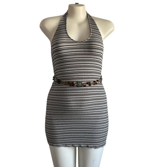 Vintage Y2K AE Striped Bodycon Halter Dress. Rippled Stretchy Mini Dress. Plus Size Halter Dress. 90s 00s Y2K American Eagle Mini Dress.