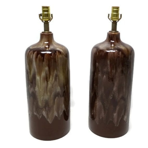 MCM Danish Brown Drip Lamp. Drip Glaze Pottery Lamp. Mid Century Drip Glaze Lamp. MCM Ceramic Table Lamps. Pair Drip Glaze Lamps. 50s. 60s.