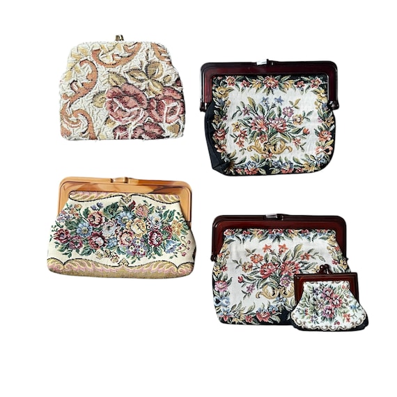 Vintage Floral Needlepoint Clutch Purses and Pouch. Mid Century Flower Tapestry Clutches. Sold Separately. Multicolor. MCM. 50s. 60s. 70s.