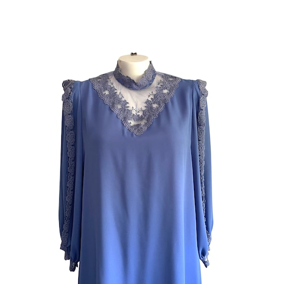 Vintage 80s 90s Cornflower Blue Silky Mesh Dress. Mesh Lace Sheath Dress. Pleated Sleeves. Floral Lace Neckline. Plus Size Victorian Dress.