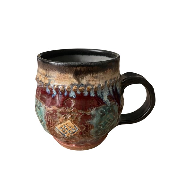 Vintage Studio Pottery Coffee Mug: Embossed Boho Mug