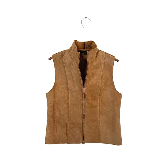 Vintage 90s Express Faux Suede Sherpa Vest, Camel Tan Sleeveless Mock Neck