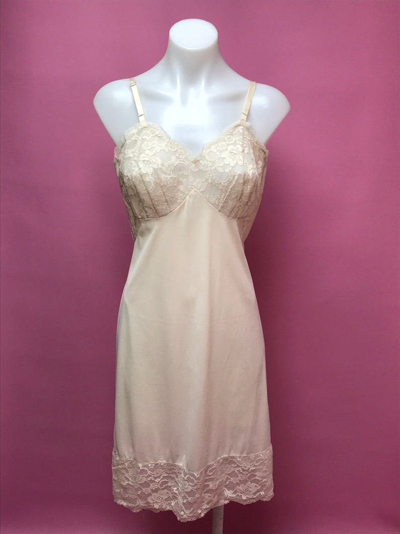 60s peach hue lace nylon lingerie slip dress
