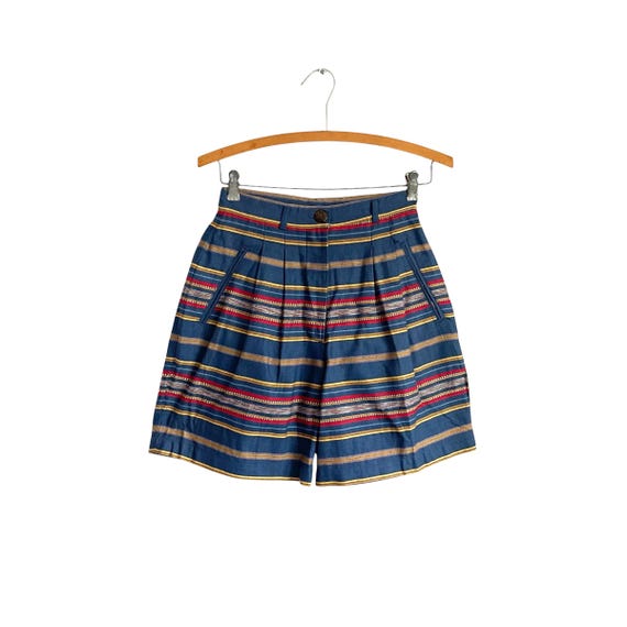 Vintage 80s 90s Petite Sophisticate Multicolor Bermuda Cut Shorts. Colorful Striped Summer Shorts. Pockets. Boho Hippie High Waisted Shorts.