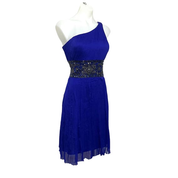 Vintage Y2K 00s Sue Wong Silk 1-Shoulder Dress. Sapphire Blue Pleated Skirt. Beaded Waist. Empire Bust. 90s Sue Wong Blue Silk Party Dress.