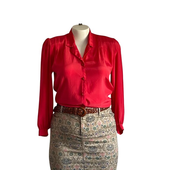 Vintage Red Liquid Silk Button-Up Blouse. Bright Red Silk Button-Up Top. Long Sleeves. Red Buttons. Womens Plus Dress Blouse. 80s. 1980s.