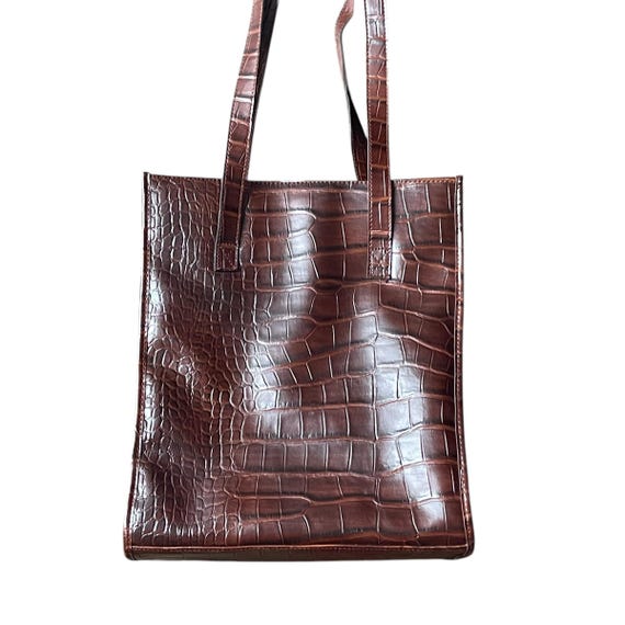 Vintage Jaclyn Smith Brown Crocodile Leather Tote Bag. Mahogany Brown Croc Shoulder Purse. Faux Embossed Crocodile Print. 90s. Y2K.