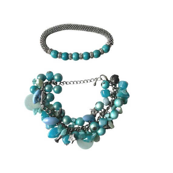 Vintage Turquoise and Silver Stone Beaded Jewelry Set. Set of 2. Silvertone Metal. Teal Stones and Gems. Clusters. Boho. Hippie. 90s. Y2K.