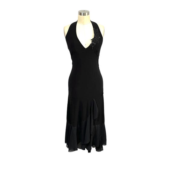 Vintage 90s Y2K Black Floral Halter Dress. Hi Lo Hem Backless Dress. Formal Floral Evening Dress. Tiered Silk Overlay. Embellished Flowers.
