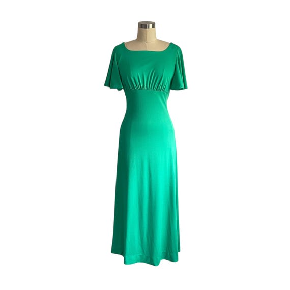 Vintage Alyson Ayres Green Short-Sleeved Maxi Dress. Long Green Boat Neck Bodycon Dress. Back Zipper. Tight-Fitting. Day Out. Evening. 80s.