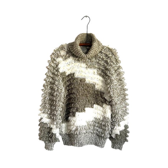 Vintage 80s 90s Adolfo Collectibles Zig-Zag Sweater. Gray Winter White Hue. Turtleneck. Oversized Loop Knit. Mod 80s Glam Dress Sweater. L.