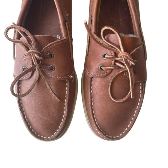 Vintage Dockspirit Brown Leather Boat Shoes. Hush Puppies Brown Laced Moccasin Slip-Ons. Mens Leather Boat Shoes. 1980s. 1990s. 10.5 D.