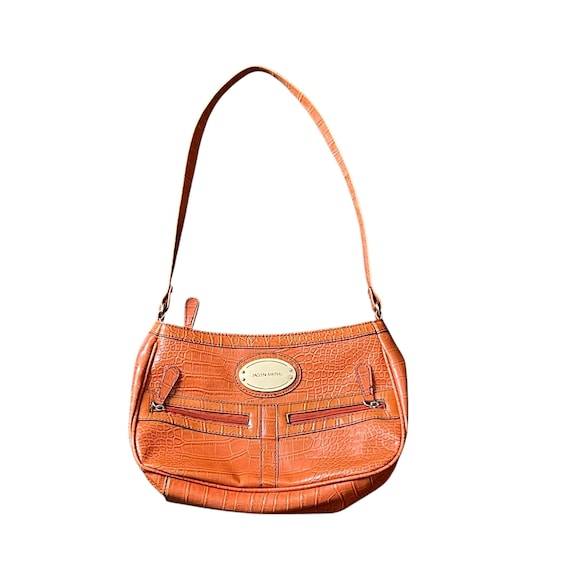 Vintage Jaclyn Smith Orange Crocodile Leather Handbag. Embossed Croc Print Shoulder Purse. Silvertone Badge. Designer. 90s. Y2K. 2000s. 00s.