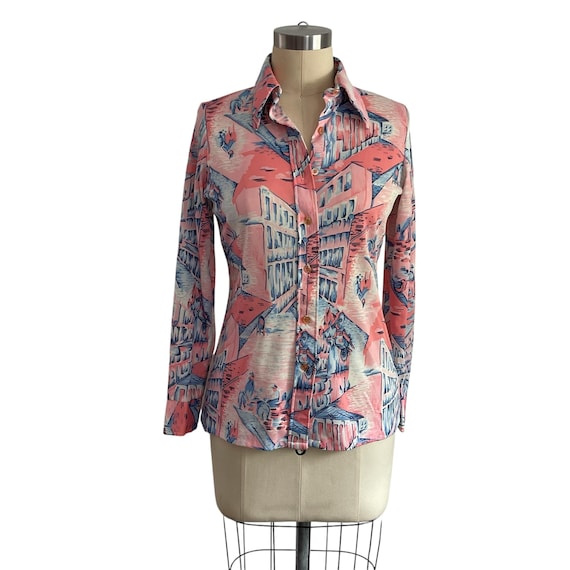 Vintage City Print Blouse: Pink Blue Poly Button-Up Top, 70s Mod Style