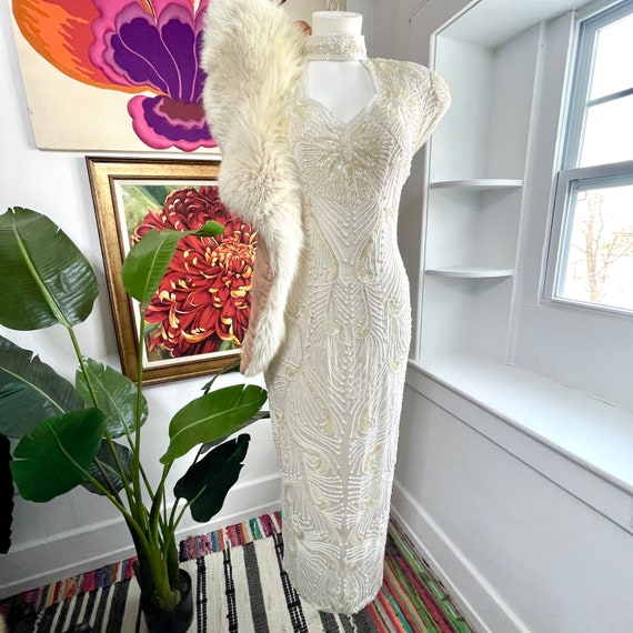 Vintage Deco Silk Beaded Dress. Ivory Beaded Silk… - image 3